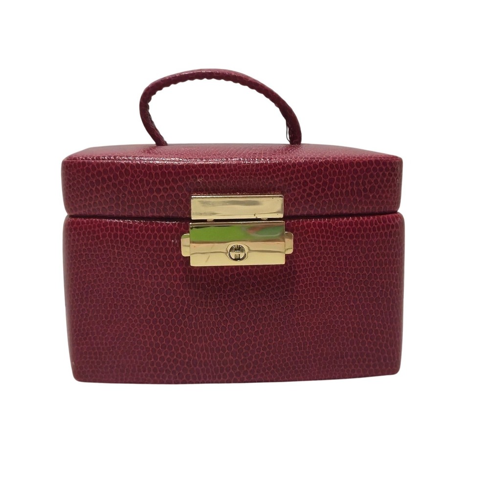 Wolf Designs red pebbled leather jewelry box with gold hardware and key